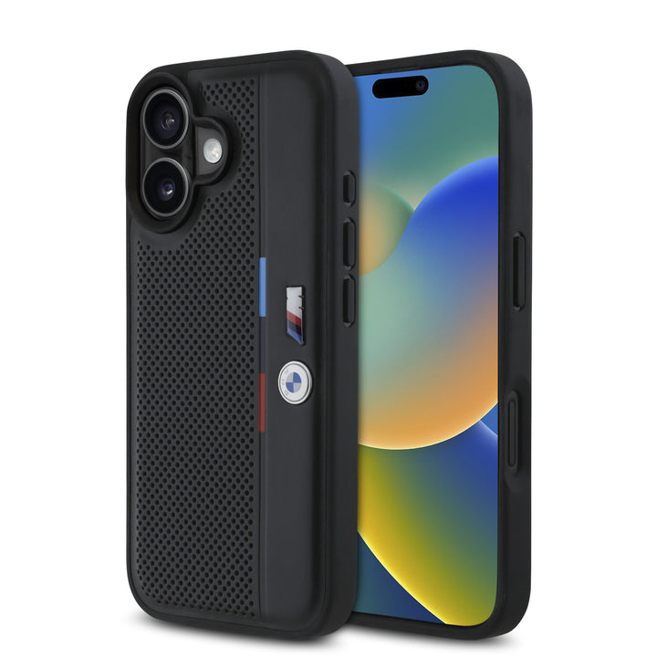 BMW iPhone 16 Backcover hoesje Perforated Tricolor Detail Line - Zwart-Hoesjes-Ilumina Benelux