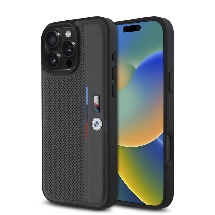 BMW iPhone 16 Pro Backcover hoesje Perforated Tricolor Detail Line - Grijs-Hoesjes-Ilumina Benelux