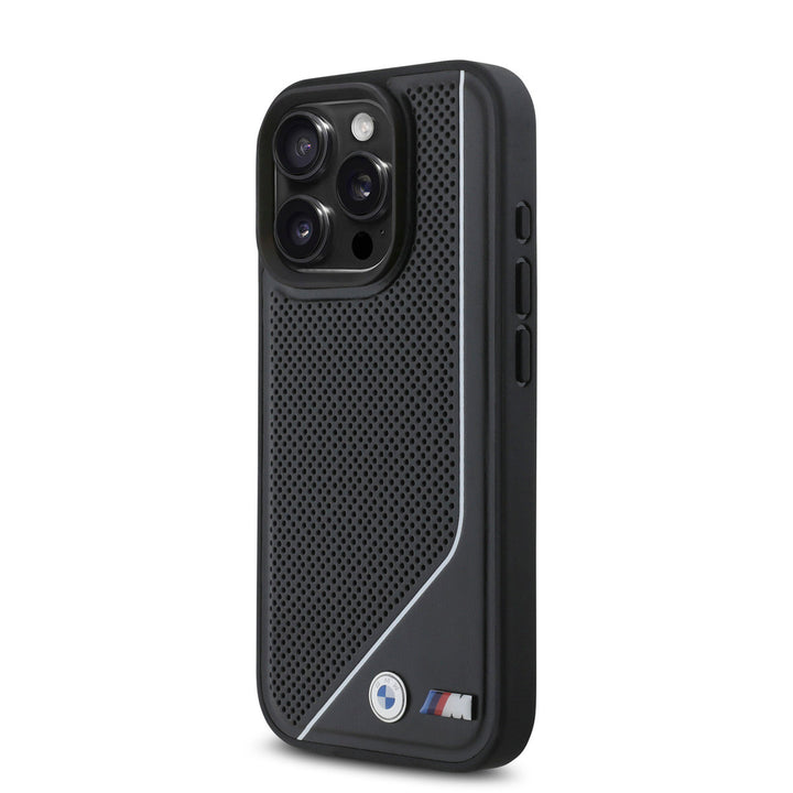 BMW iPhone 16 Pro Max Backcover hoesje - Magsafe - Perforated - Twisted White Line - Zwart-Hoesjes-Ilumina Benelux
