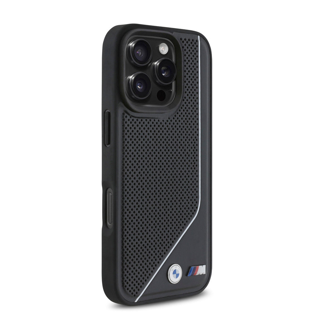 BMW iPhone 16 Pro Max Backcover hoesje - Magsafe - Perforated - Twisted White Line - Zwart-Hoesjes-Ilumina Benelux