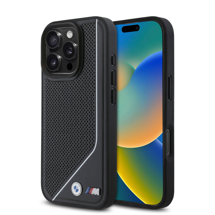 BMW iPhone 16 Pro Max Backcover hoesje - Magsafe - Perforated - Twisted White Line - Zwart-Hoesjes-Ilumina Benelux