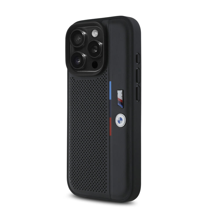 BMW iPhone 16 Pro Max Backcover hoesje Perforated Tricolor Detail Line - Zwart-Hoesjes-Ilumina Benelux