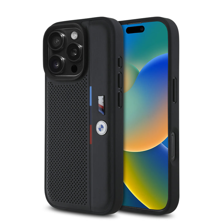 BMW iPhone 16 Pro Max Backcover hoesje Perforated Tricolor Detail Line - Zwart-Hoesjes-Ilumina Benelux