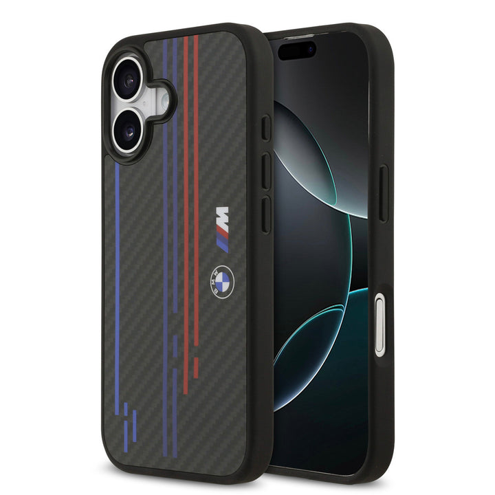 BMW iPhone 17 Backcover hoesje - MagSafe Kevlar Case With Printed Tricolor & Metal Logos - Zwart-Hoesjes-Ilumina Benelux