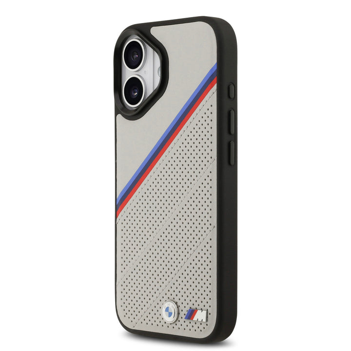 BMW iPhone 17 Backcover hoesje - MagSafe - PU Leather Case With Tricolor Slanted Stripes & Metal Logos - Grijs-Hoesjes-Ilumina Benelux