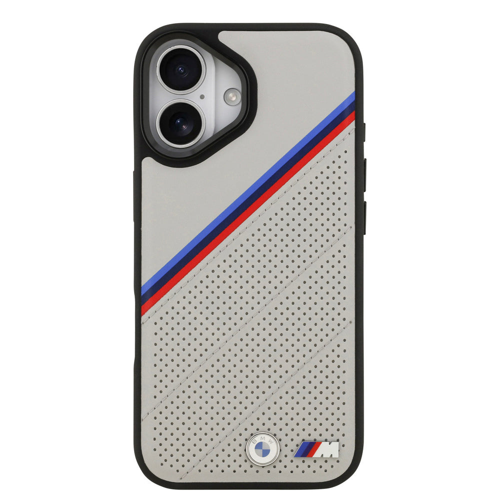BMW iPhone 17 Backcover hoesje - MagSafe - PU Leather Case With Tricolor Slanted Stripes & Metal Logos - Grijs-Hoesjes-Ilumina Benelux