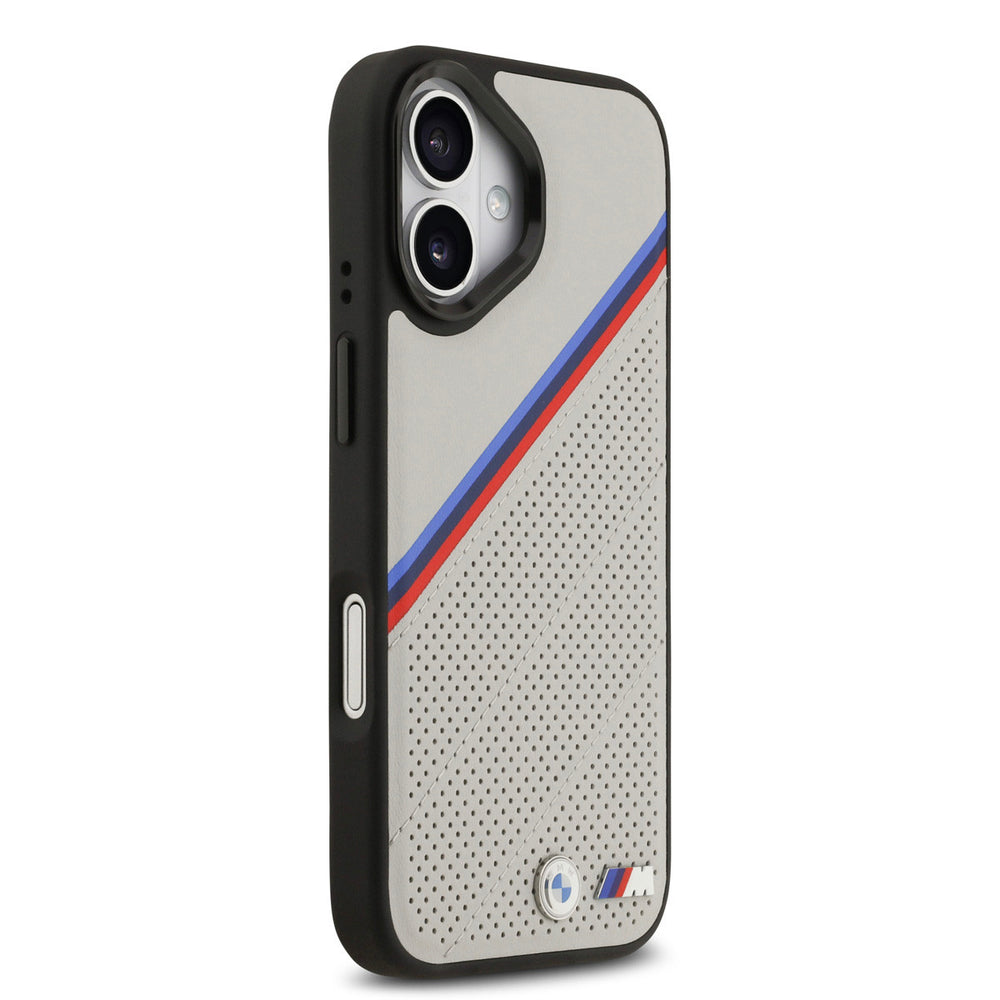 BMW iPhone 17 Backcover hoesje - MagSafe - PU Leather Case With Tricolor Slanted Stripes & Metal Logos - Grijs-Hoesjes-Ilumina Benelux