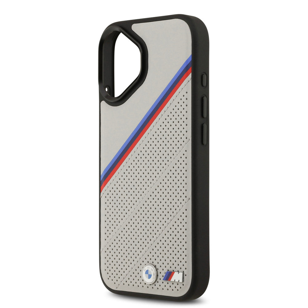 BMW iPhone 17 Backcover hoesje - MagSafe - PU Leather Case With Tricolor Slanted Stripes & Metal Logos - Grijs-Hoesjes-Ilumina Benelux