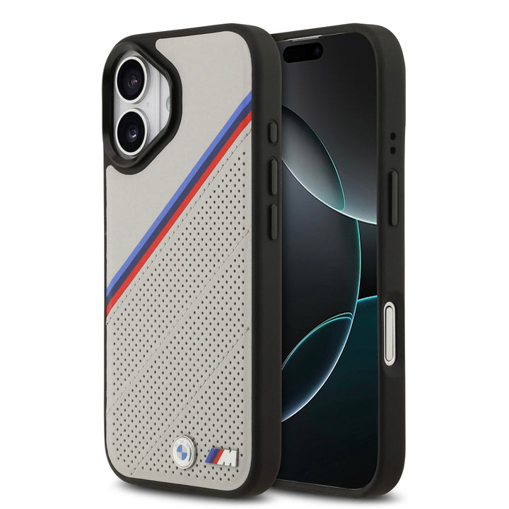 BMW iPhone 17 Backcover hoesje - MagSafe - PU Leather Case With Tricolor Slanted Stripes & Metal Logos - Grijs-Hoesjes-Ilumina Benelux