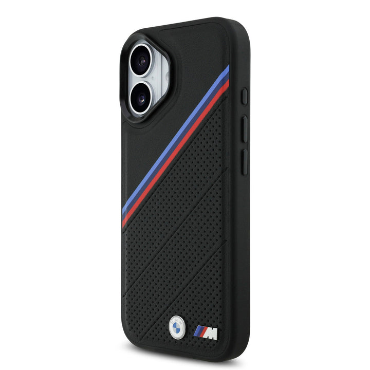 BMW iPhone 17 Backcover hoesje - MagSafe - PU Leather Case With Tricolor Slanted Stripes & Metal Logos - Zwart-Hoesjes-Ilumina Benelux