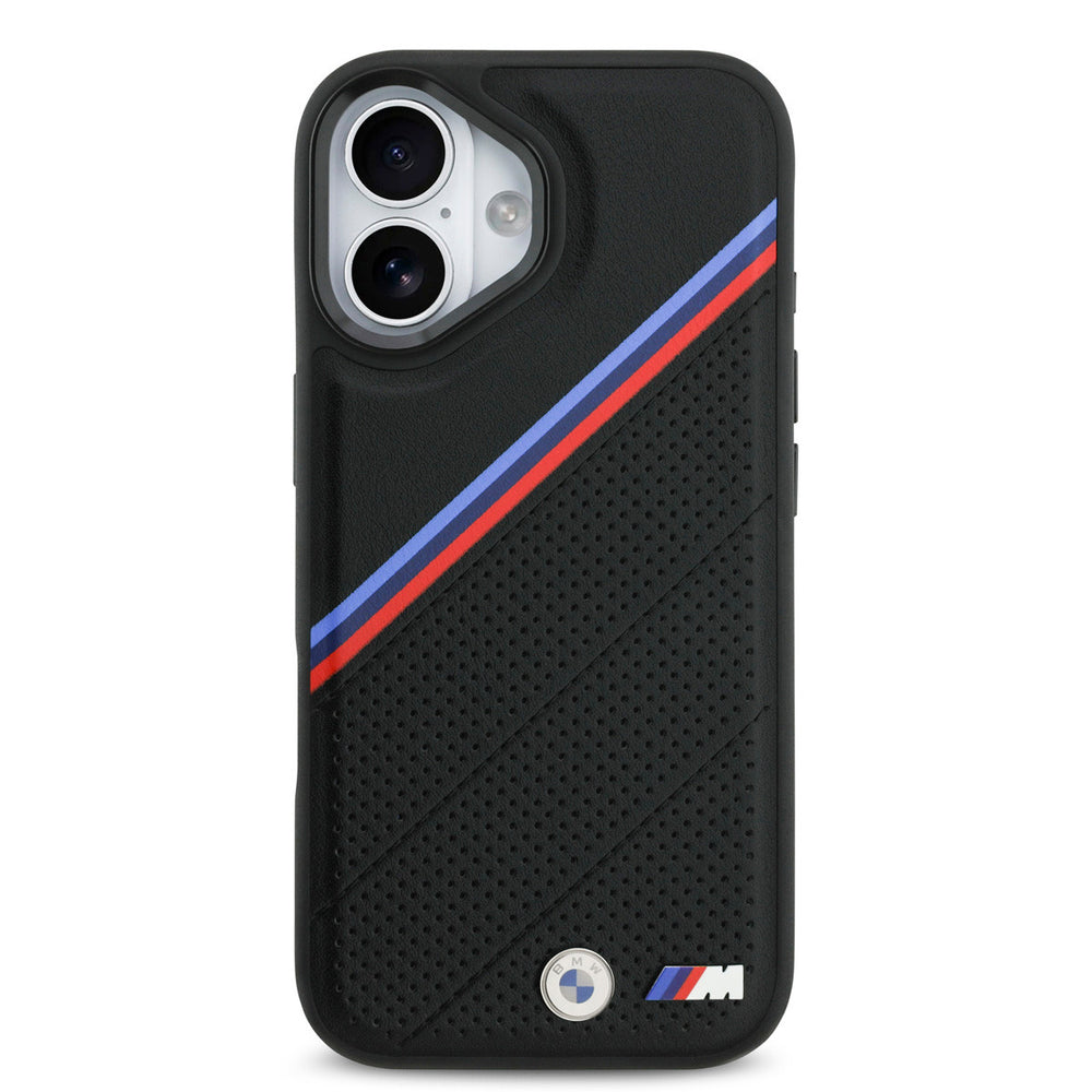 BMW iPhone 17 Backcover hoesje - MagSafe - PU Leather Case With Tricolor Slanted Stripes & Metal Logos - Zwart-Hoesjes-Ilumina Benelux