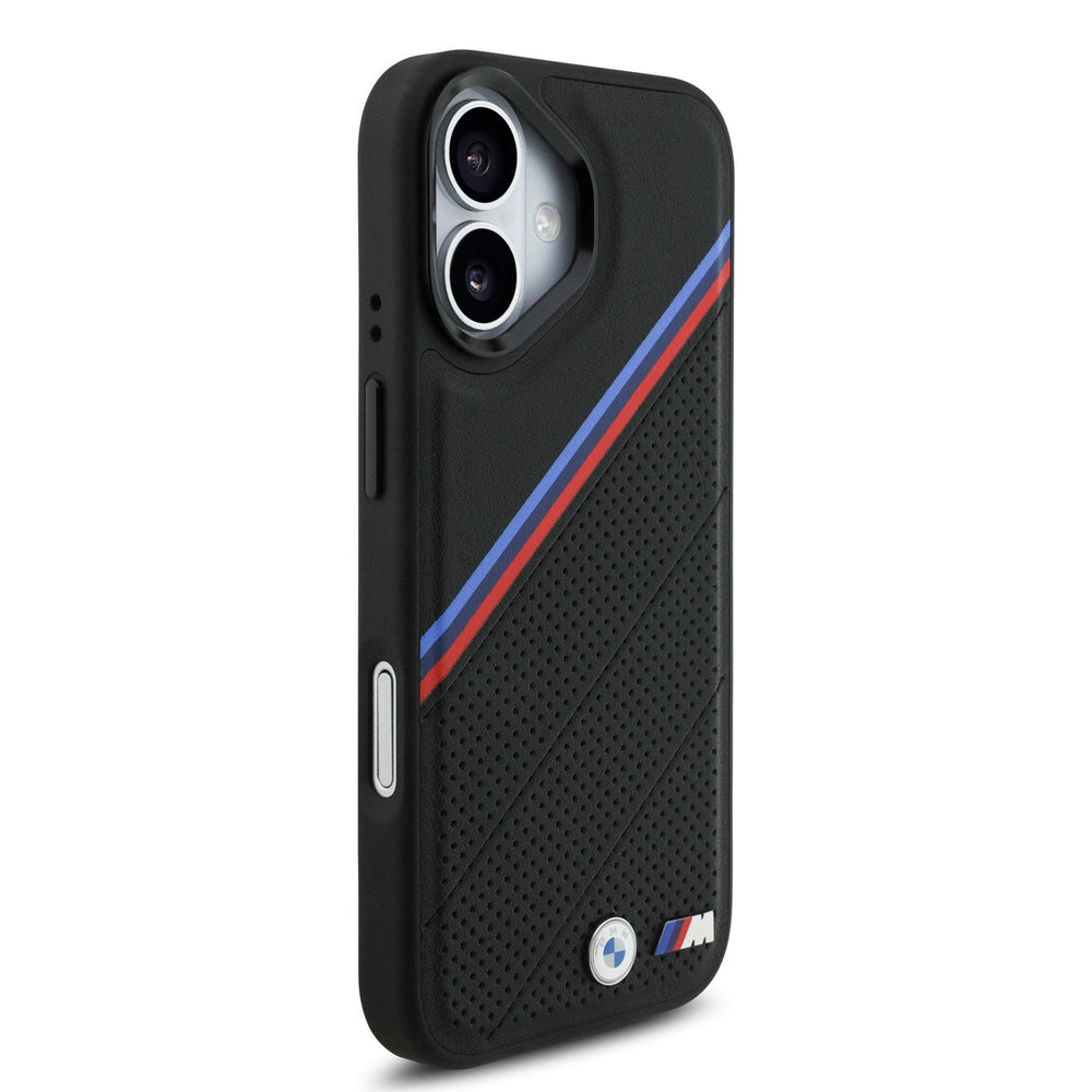 BMW iPhone 17 Backcover hoesje - MagSafe - PU Leather Case With Tricolor Slanted Stripes & Metal Logos - Zwart-Hoesjes-Ilumina Benelux