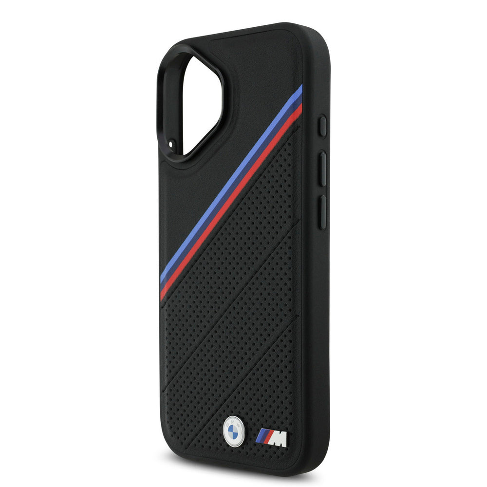 BMW iPhone 17 Backcover hoesje - MagSafe - PU Leather Case With Tricolor Slanted Stripes & Metal Logos - Zwart-Hoesjes-Ilumina Benelux