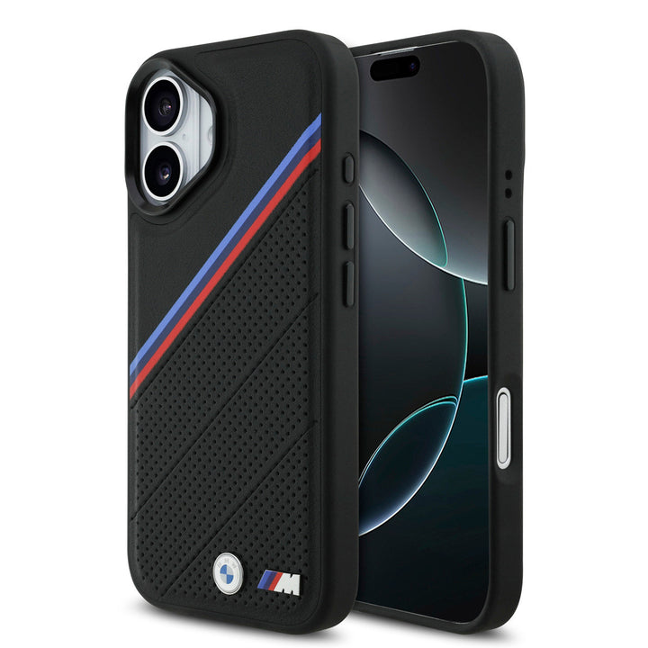 BMW iPhone 17 Backcover hoesje - MagSafe - PU Leather Case With Tricolor Slanted Stripes & Metal Logos - Zwart-Hoesjes-Ilumina Benelux