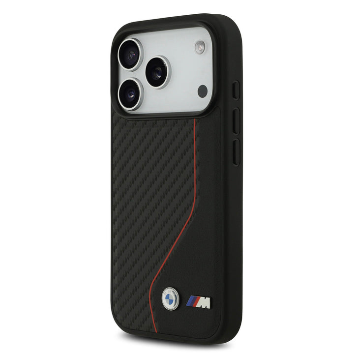 BMW iPhone 17 Pro Backcover hoesje - MagSafe Carbon Case With Red Line Stitch - Zwart-Hoesjes-Ilumina Benelux