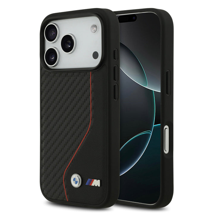BMW iPhone 17 Pro Backcover hoesje - MagSafe Carbon Case With Red Line Stitch - Zwart-Hoesjes-Ilumina Benelux