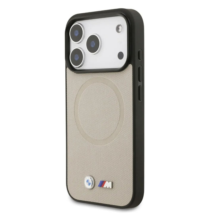 BMW iPhone 17 Pro Backcover hoesje - MagSafe - Full Wrapped Leather Case With Metal Logos - Grijs-Hoesjes-Ilumina Benelux