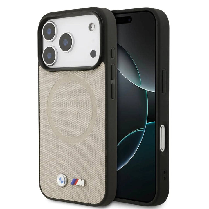 BMW iPhone 17 Pro Backcover hoesje - MagSafe - Full Wrapped Leather Case With Metal Logos - Grijs-Hoesjes-Ilumina Benelux