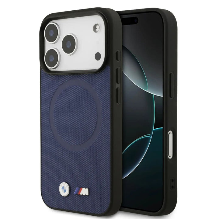 BMW iPhone 17 Pro Backcover hoesje - MagSafe - Full Wrapped Leather Case With Metal Logos - Navy-Hoesjes-Ilumina Benelux