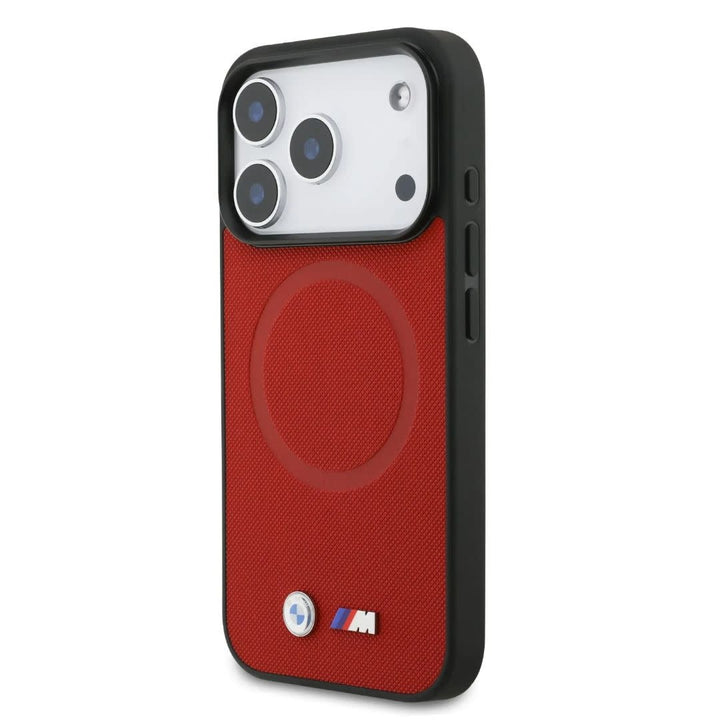 BMW iPhone 17 Pro Backcover hoesje - MagSafe - Full Wrapped Leather Case With Metal Logos - Rood-Hoesjes-Ilumina Benelux