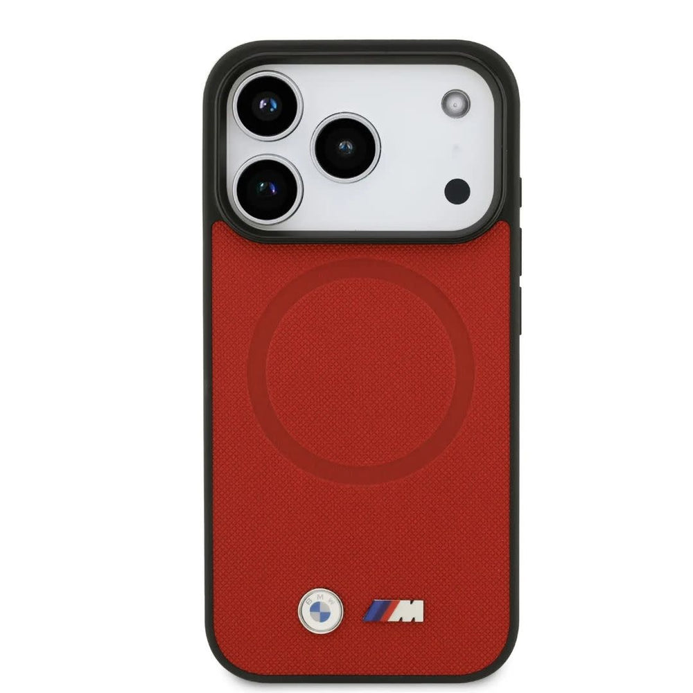 BMW iPhone 17 Pro Backcover hoesje - MagSafe - Full Wrapped Leather Case With Metal Logos - Rood-Hoesjes-Ilumina Benelux