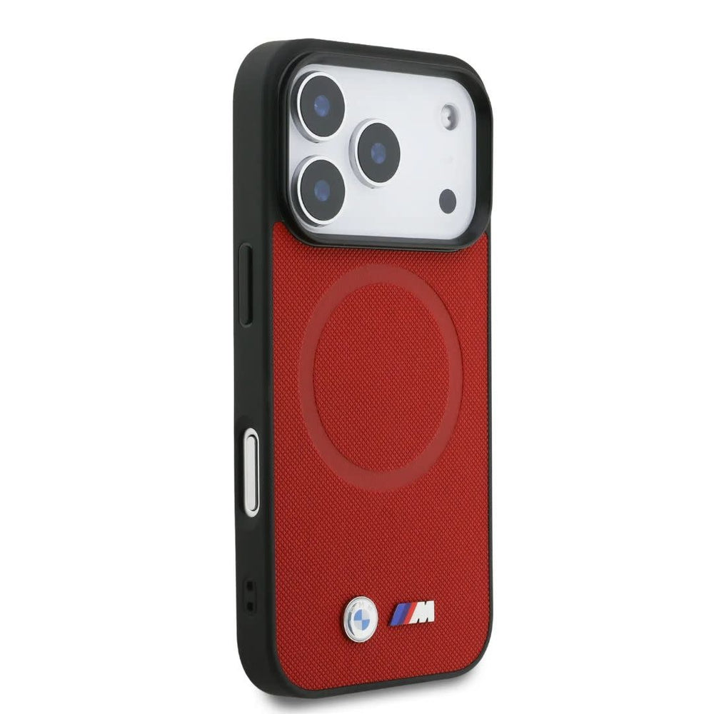 BMW iPhone 17 Pro Backcover hoesje - MagSafe - Full Wrapped Leather Case With Metal Logos - Rood-Hoesjes-Ilumina Benelux