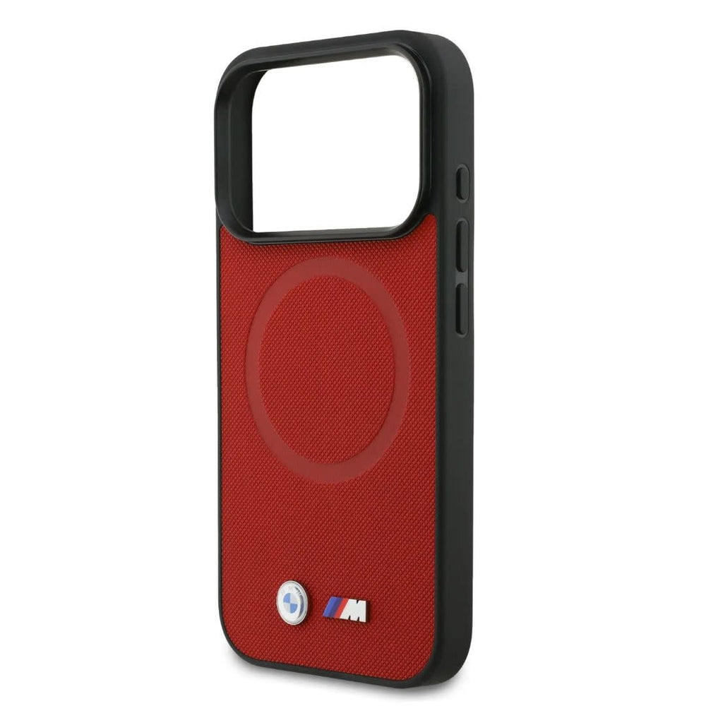 BMW iPhone 17 Pro Backcover hoesje - MagSafe - Full Wrapped Leather Case With Metal Logos - Rood-Hoesjes-Ilumina Benelux