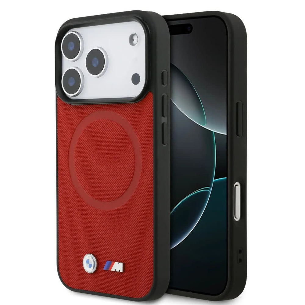 BMW iPhone 17 Pro Backcover hoesje - MagSafe - Full Wrapped Leather Case With Metal Logos - Rood-Hoesjes-Ilumina Benelux