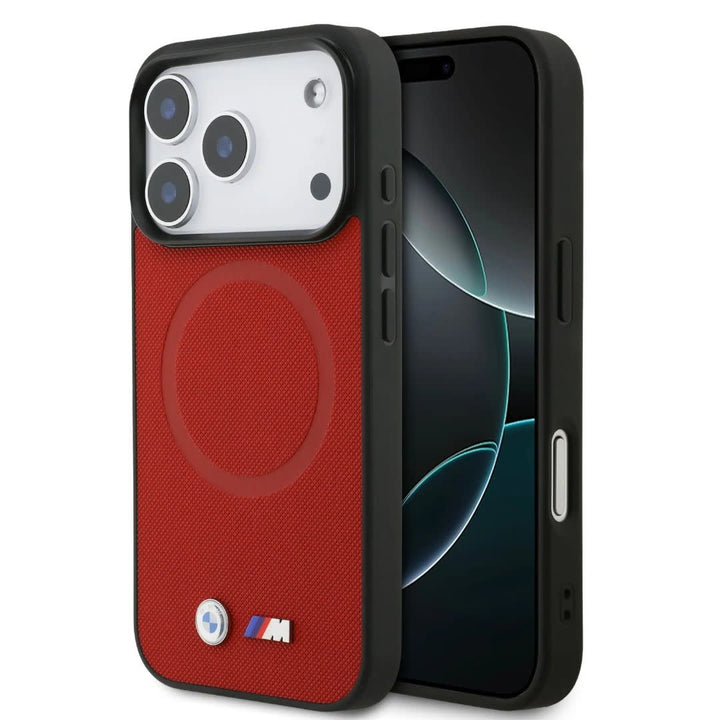 BMW iPhone 17 Pro Backcover hoesje - MagSafe - Full Wrapped Leather Case With Metal Logos - Rood-Hoesjes-Ilumina Benelux