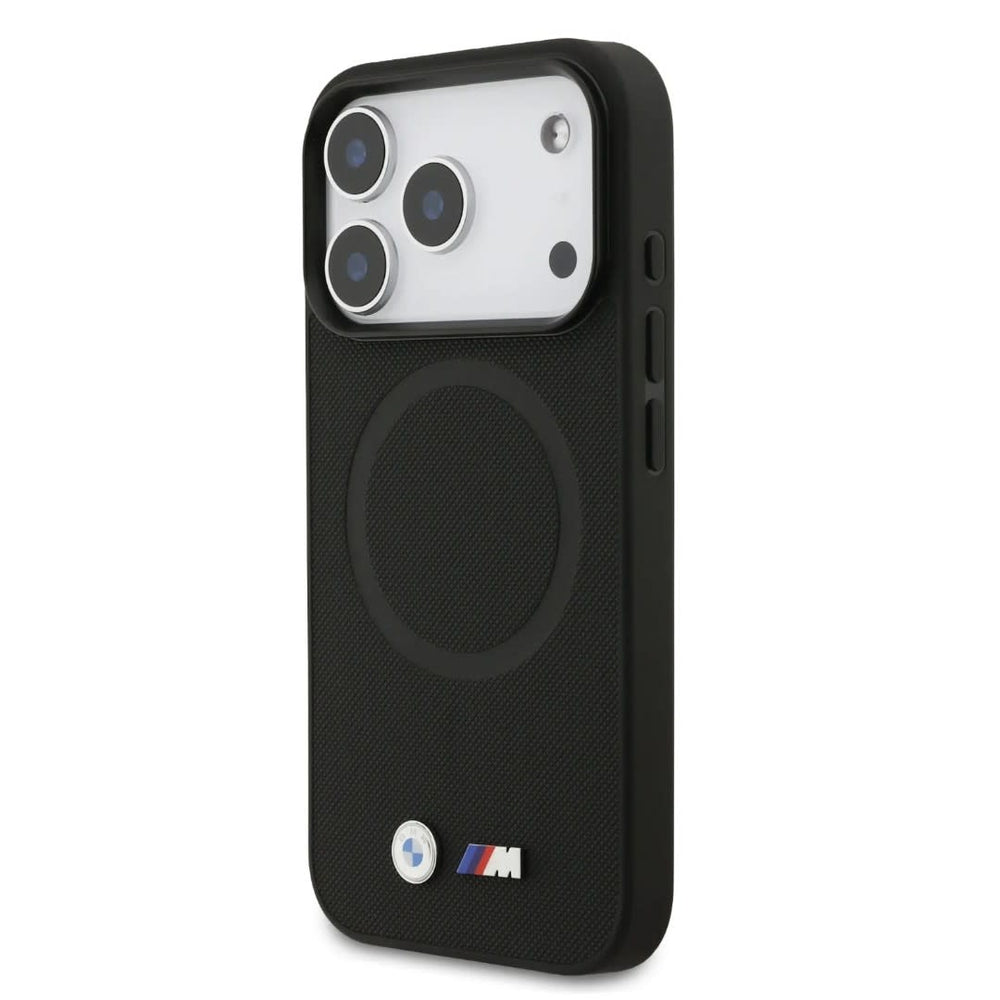 BMW iPhone 17 Pro Backcover hoesje - MagSafe - Full Wrapped Leather Case With Metal Logos - Zwart-Hoesjes-Ilumina Benelux