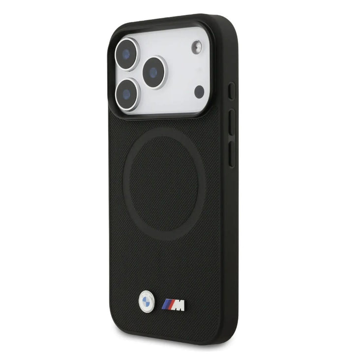BMW iPhone 17 Pro Backcover hoesje - MagSafe - Full Wrapped Leather Case With Metal Logos - Zwart-Hoesjes-Ilumina Benelux