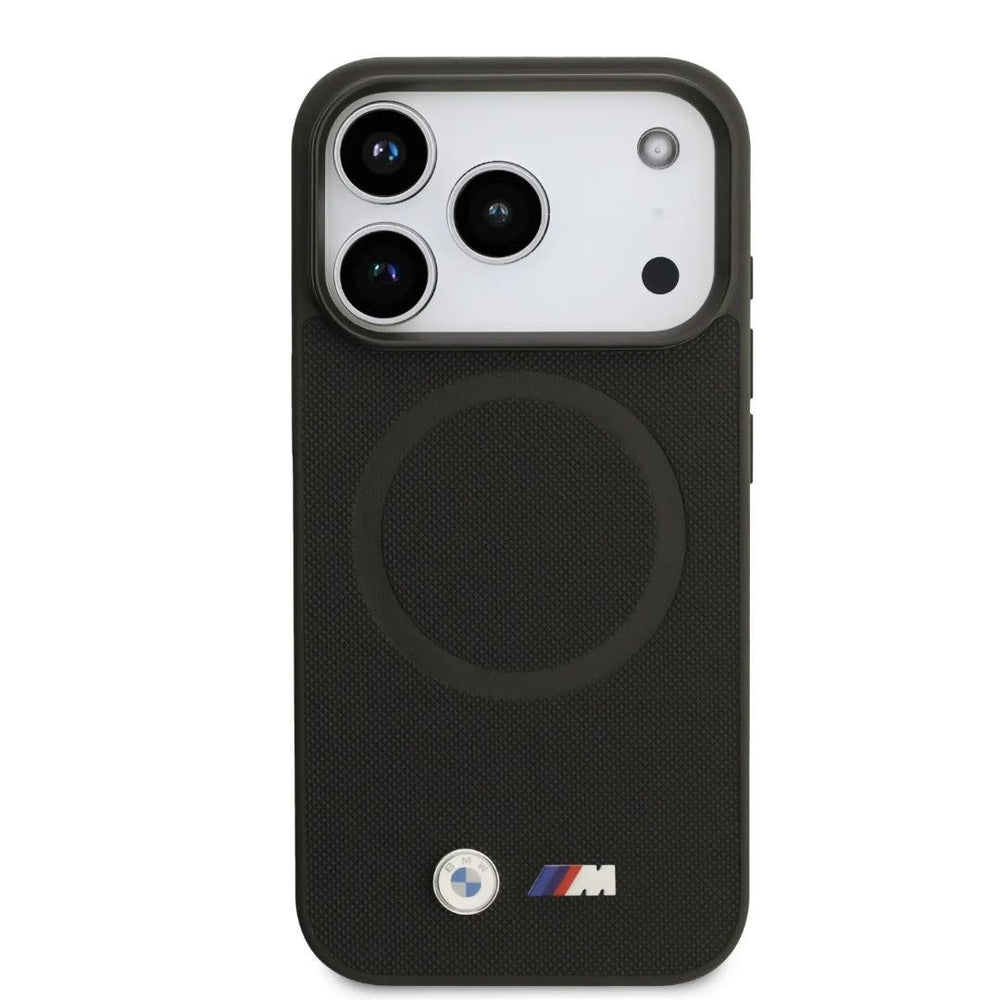 BMW iPhone 17 Pro Backcover hoesje - MagSafe - Full Wrapped Leather Case With Metal Logos - Zwart-Hoesjes-Ilumina Benelux