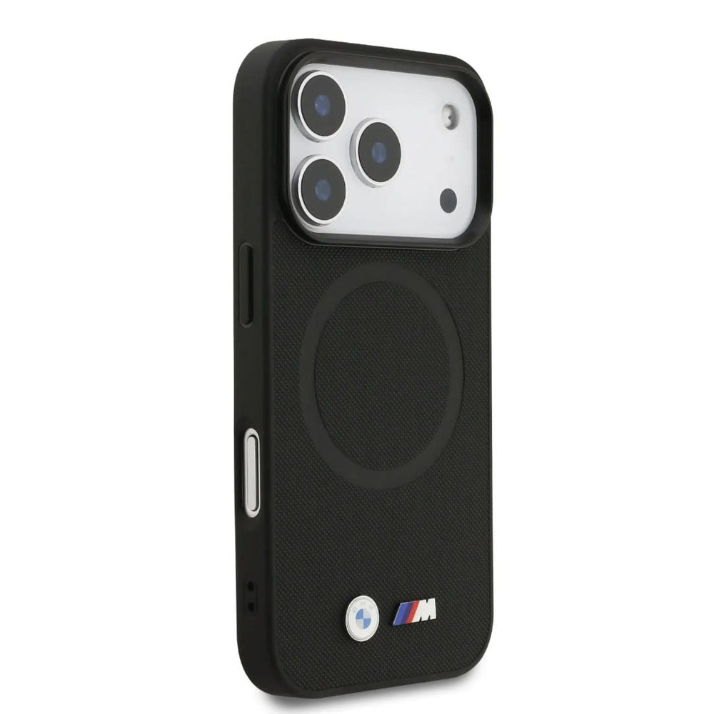 BMW iPhone 17 Pro Backcover hoesje - MagSafe - Full Wrapped Leather Case With Metal Logos - Zwart-Hoesjes-Ilumina Benelux