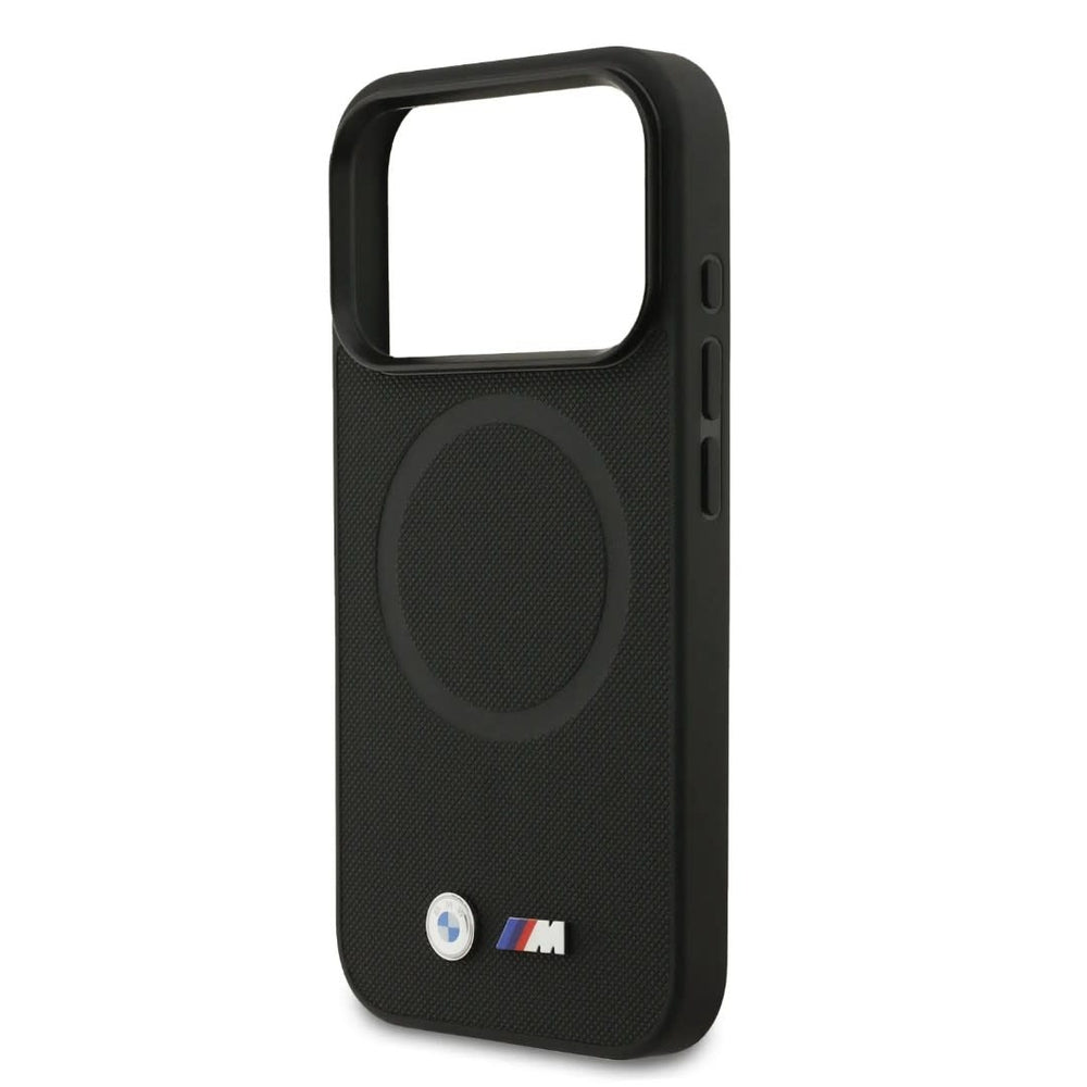 BMW iPhone 17 Pro Backcover hoesje - MagSafe - Full Wrapped Leather Case With Metal Logos - Zwart-Hoesjes-Ilumina Benelux