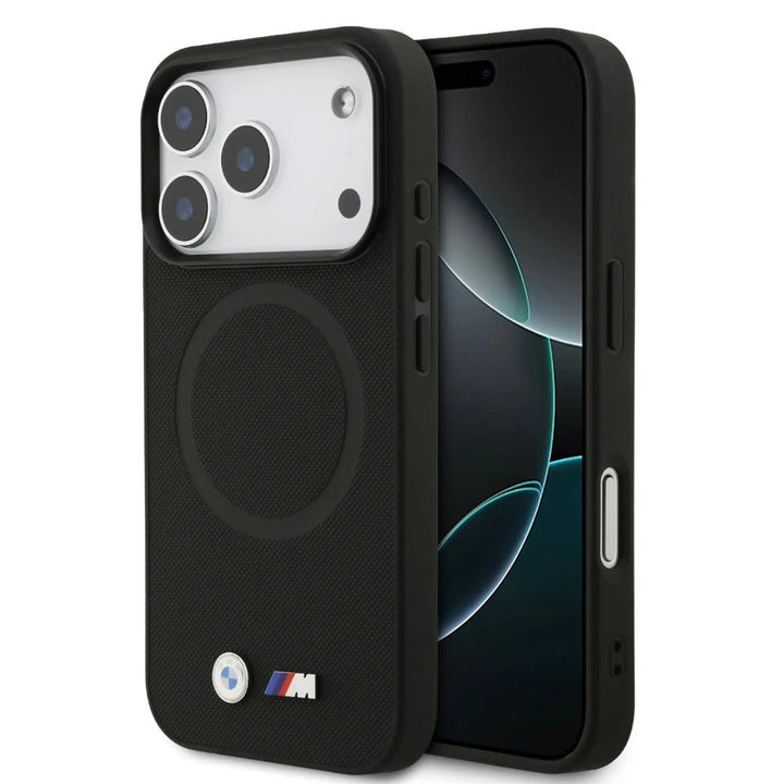 BMW iPhone 17 Pro Backcover hoesje - MagSafe - Full Wrapped Leather Case With Metal Logos - Zwart-Hoesjes-Ilumina Benelux