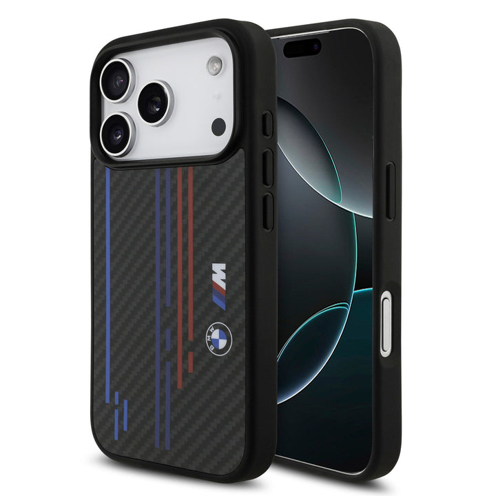 BMW iPhone 17 Pro Backcover hoesje - MagSafe Kevlar Case With Printed Tricolor & Metal Logos - Zwart-Hoesjes-Ilumina Benelux