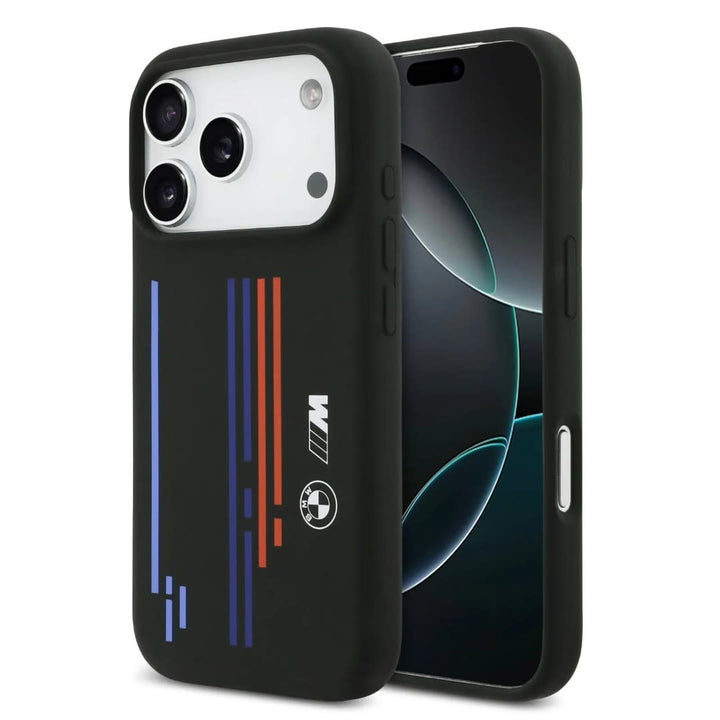 BMW iPhone 17 Pro Backcover hoesje - MagSafe - Liquid Silicone Case With Printed Multi-Tricolor - Zwart-Hoesjes-Ilumina Benelux