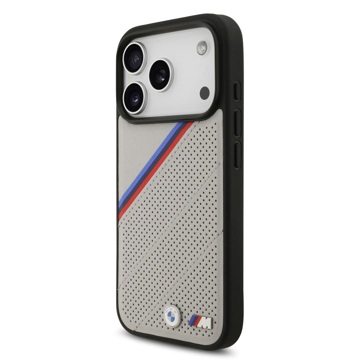 BMW iPhone 17 Pro Backcover hoesje - MagSafe - PU Leather Case With Tricolor Slanted Stripes & Metal Logos - Beige-Hoesjes-Ilumina Benelux
