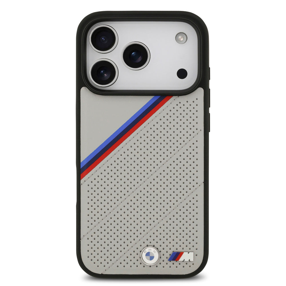 BMW iPhone 17 Pro Backcover hoesje - MagSafe - PU Leather Case With Tricolor Slanted Stripes & Metal Logos - Beige-Hoesjes-Ilumina Benelux