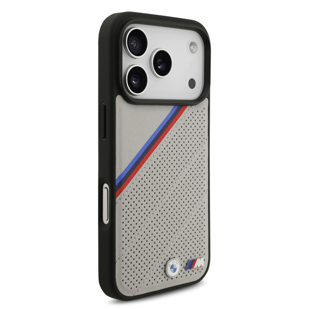 BMW iPhone 17 Pro Backcover hoesje - MagSafe - PU Leather Case With Tricolor Slanted Stripes & Metal Logos - Beige-Hoesjes-Ilumina Benelux