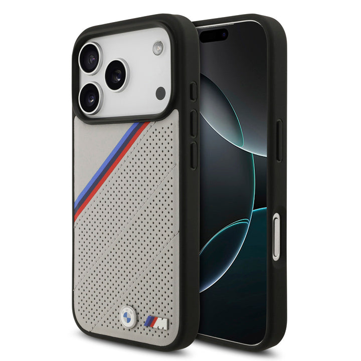 BMW iPhone 17 Pro Backcover hoesje - MagSafe - PU Leather Case With Tricolor Slanted Stripes & Metal Logos - Beige-Hoesjes-Ilumina Benelux