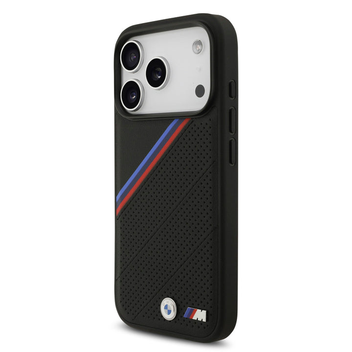 BMW iPhone 17 Pro Backcover hoesje - MagSafe - PU Leather Case With Tricolor Slanted Stripes & Metal Logos - Zwart-Hoesjes-Ilumina Benelux