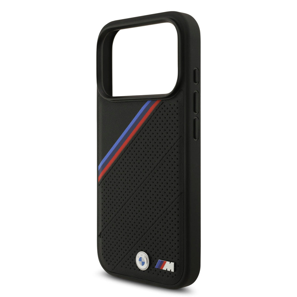 BMW iPhone 17 Pro Backcover hoesje - MagSafe - PU Leather Case With Tricolor Slanted Stripes & Metal Logos - Zwart-Hoesjes-Ilumina Benelux
