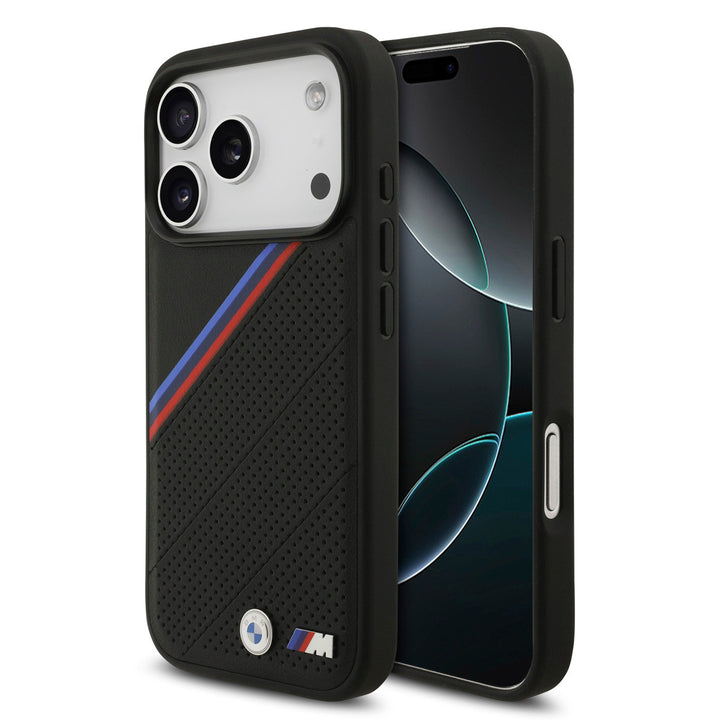 BMW iPhone 17 Pro Backcover hoesje - MagSafe - PU Leather Case With Tricolor Slanted Stripes & Metal Logos - Zwart-Hoesjes-Ilumina Benelux