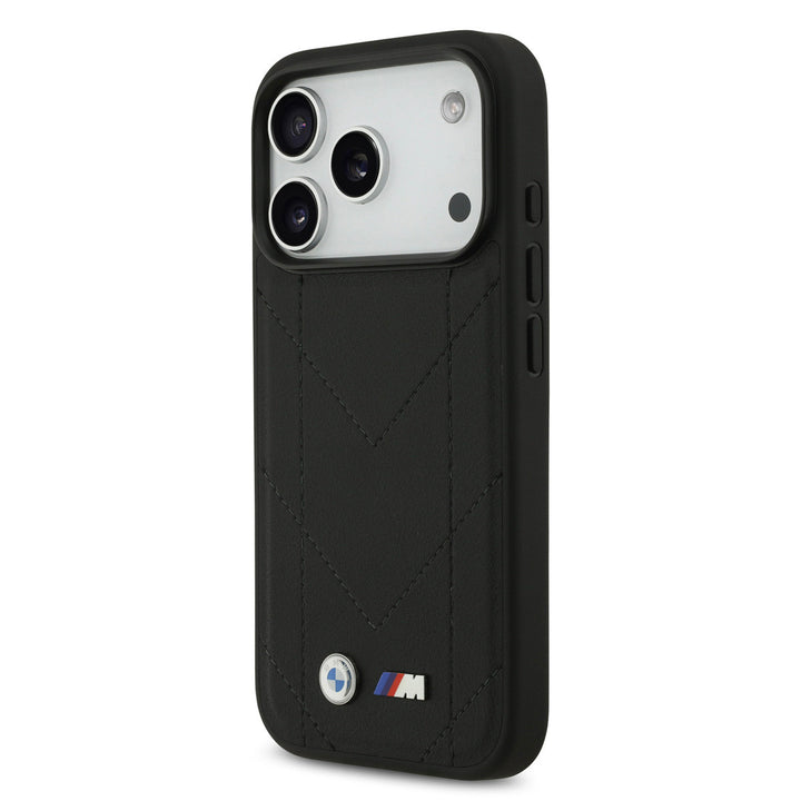 BMW iPhone 17 Pro Backcover hoesje - MagSafe - Quilted Leather Case With Metal Logo - Zwart-Hoesjes-Ilumina Benelux