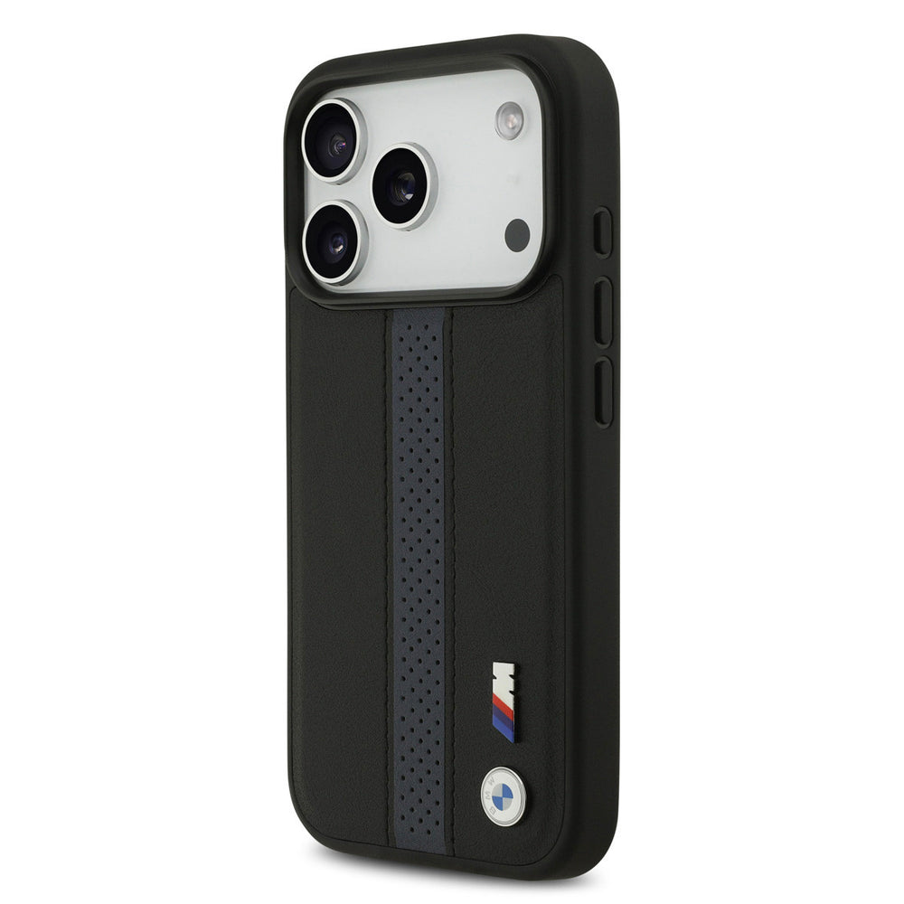 BMW iPhone 17 Pro Backcover hoesje - PU Leather Case With Perforated Blue Stripes & Metal Logos - Zwart-Hoesjes-Ilumina Benelux