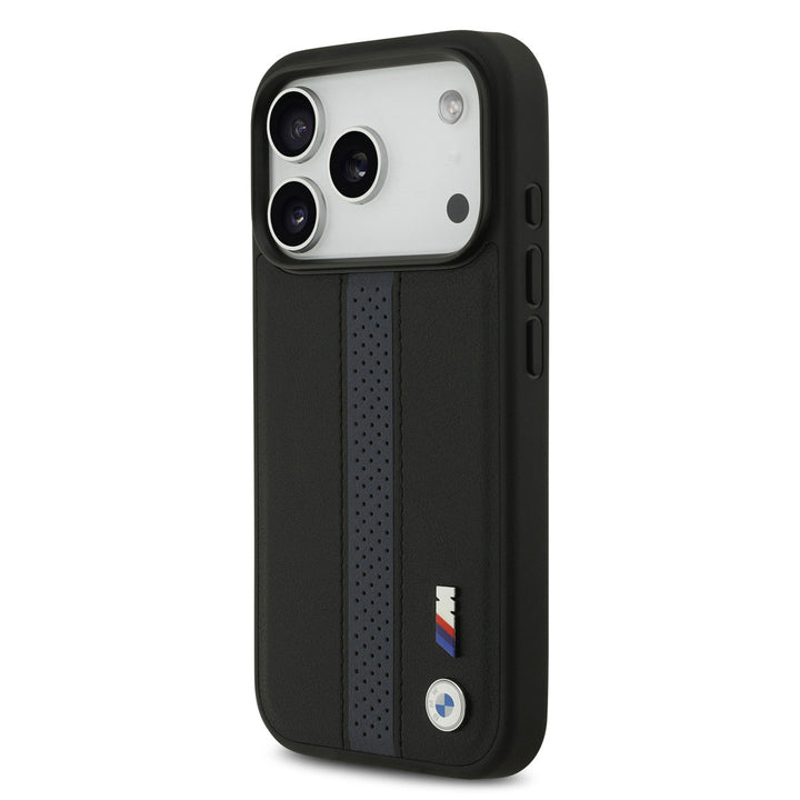BMW iPhone 17 Pro Backcover hoesje - PU Leather Case With Perforated Blue Stripes & Metal Logos - Zwart-Hoesjes-Ilumina Benelux