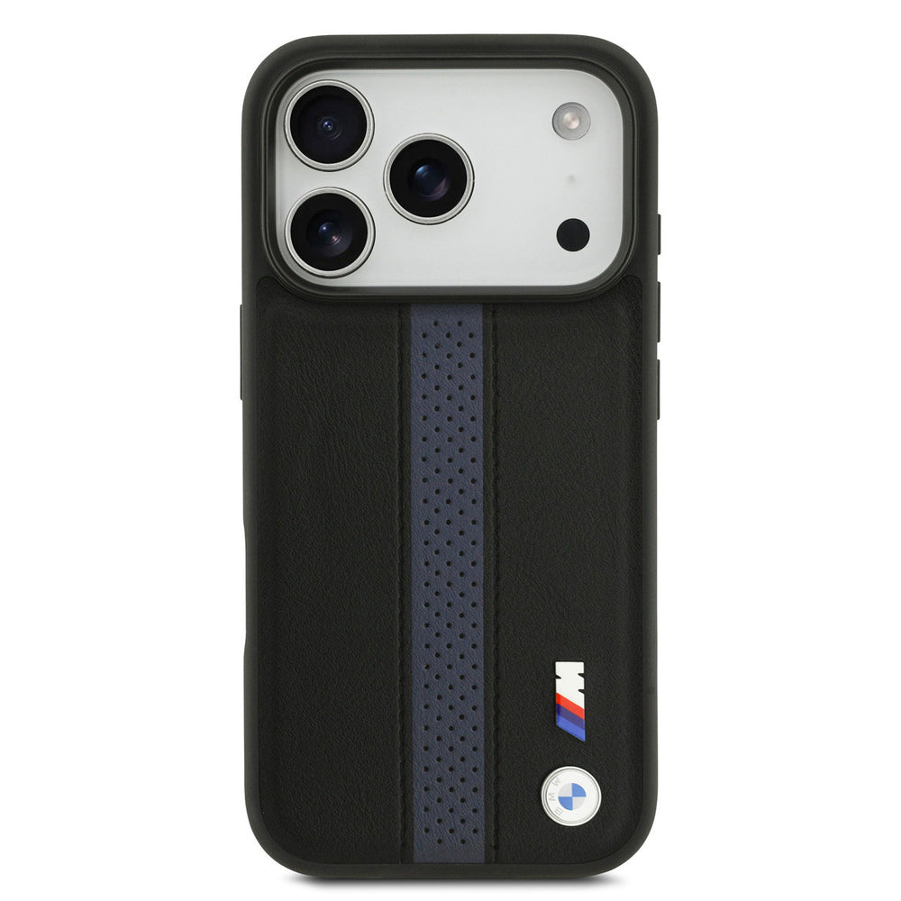 BMW iPhone 17 Pro Backcover hoesje - PU Leather Case With Perforated Blue Stripes & Metal Logos - Zwart-Hoesjes-Ilumina Benelux