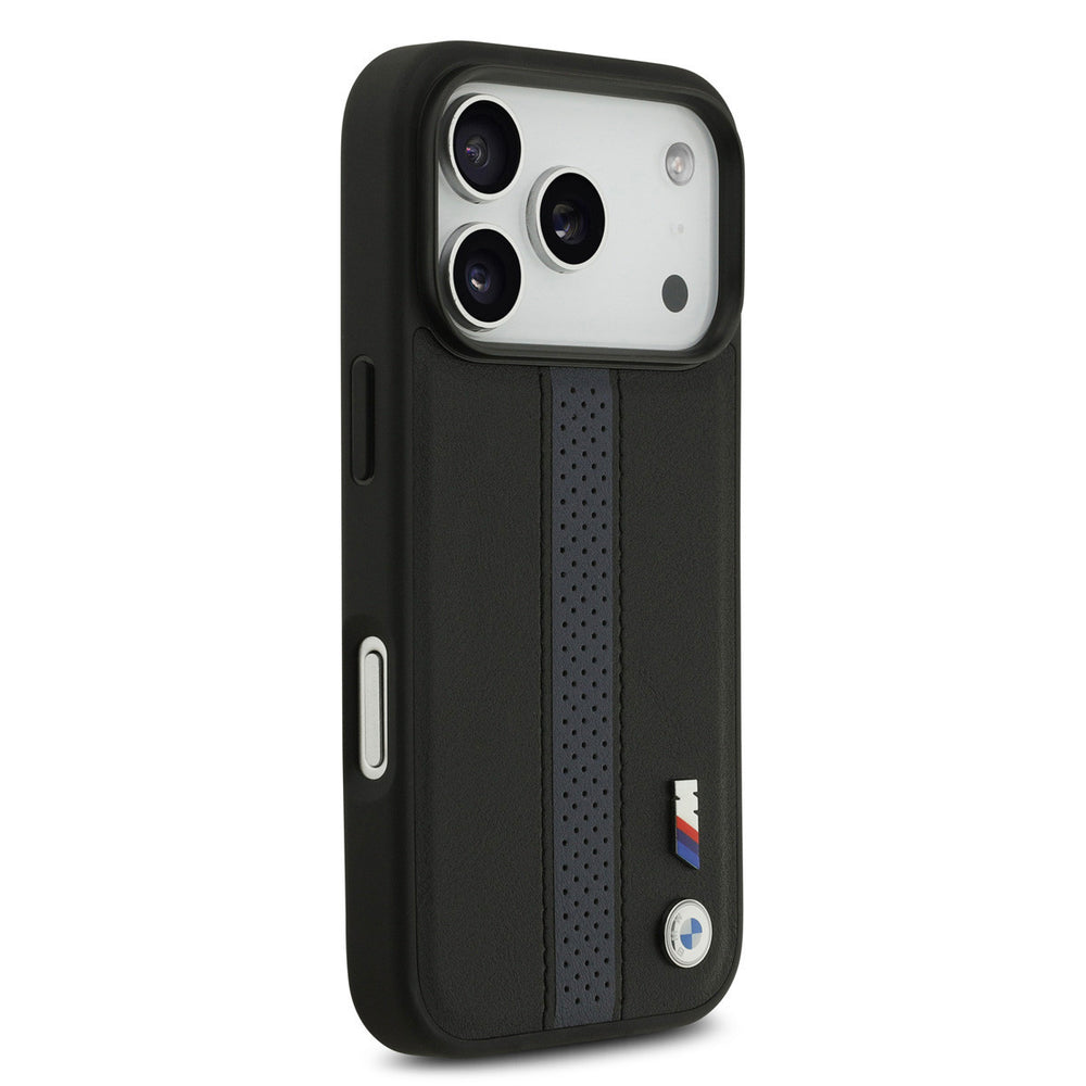 BMW iPhone 17 Pro Backcover hoesje - PU Leather Case With Perforated Blue Stripes & Metal Logos - Zwart-Hoesjes-Ilumina Benelux
