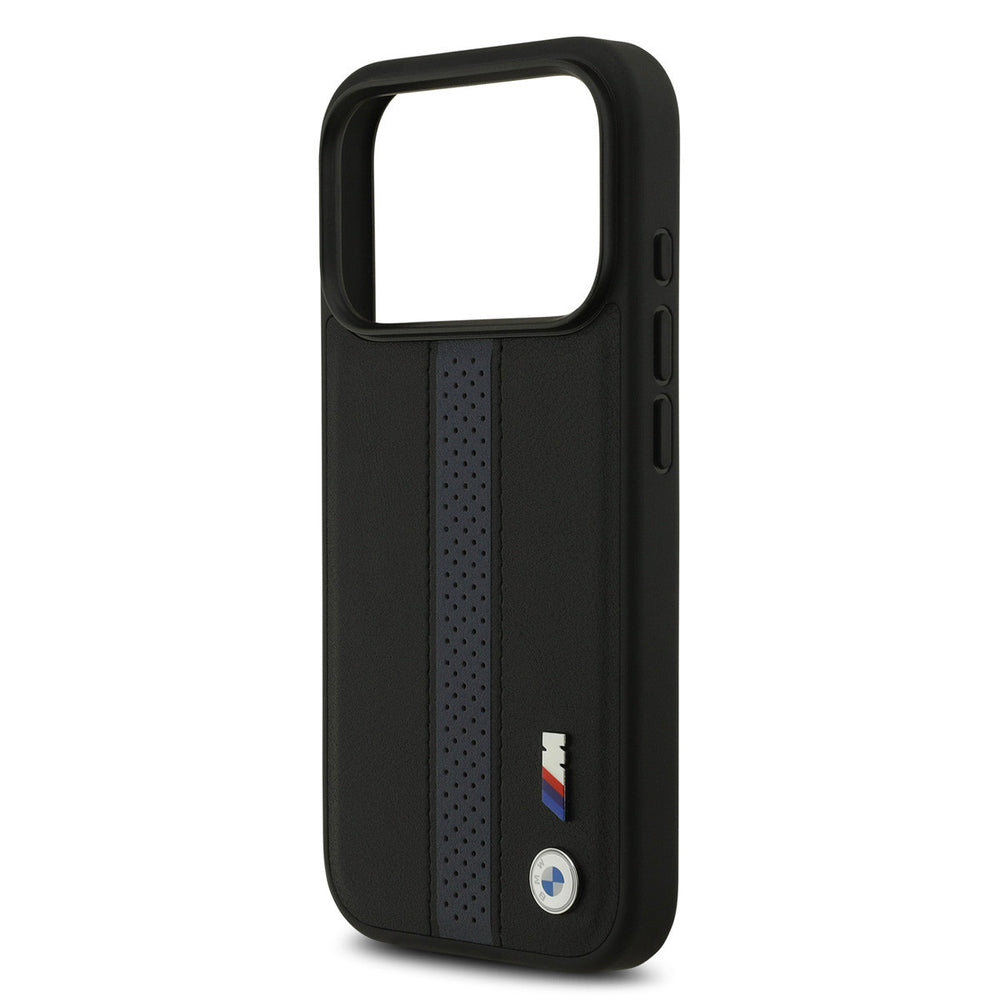 BMW iPhone 17 Pro Backcover hoesje - PU Leather Case With Perforated Blue Stripes & Metal Logos - Zwart-Hoesjes-Ilumina Benelux